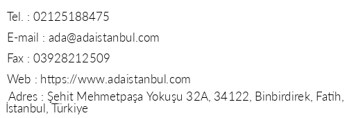 Ada Hotel Istanbul telefon numaralar, faks, e-mail, posta adresi ve iletiim bilgileri